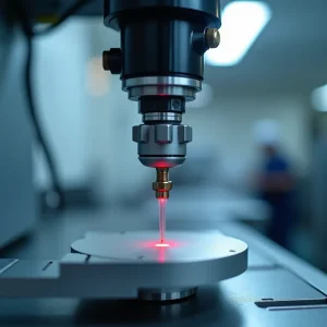 Tecnico che calibra la testa ottica di un sistema laser per microtaglio di precisione