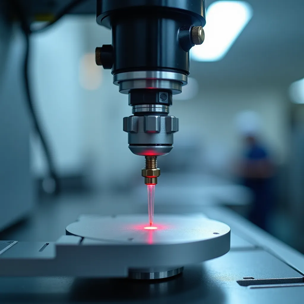 Tecnico che calibra la testa ottica di un sistema laser per microtaglio di precisione